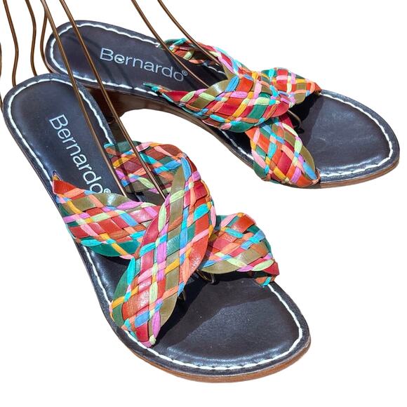 Bernardo slides heels size 9 braided leather woven boho multi-color 70's madras - Picture 3 of 6